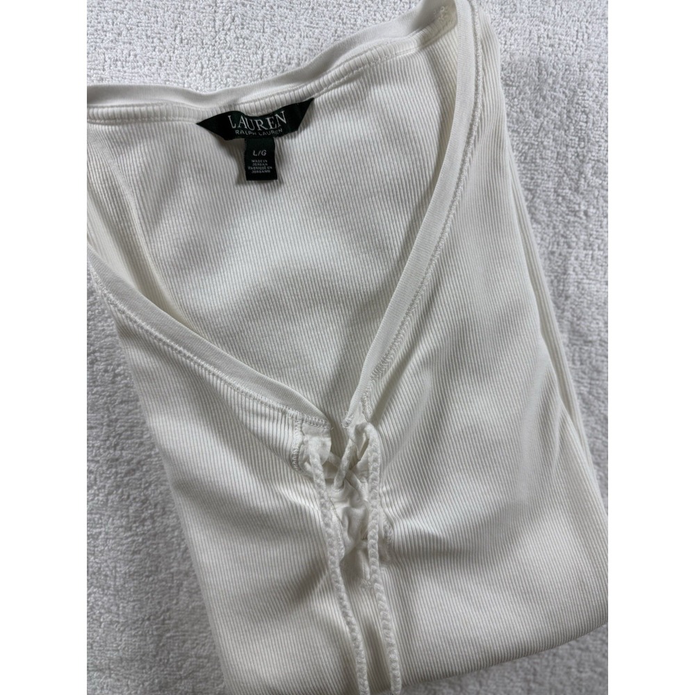 Lauren Ralph Lauren White Lace Up Shirt Top Large Ribbed Black Label